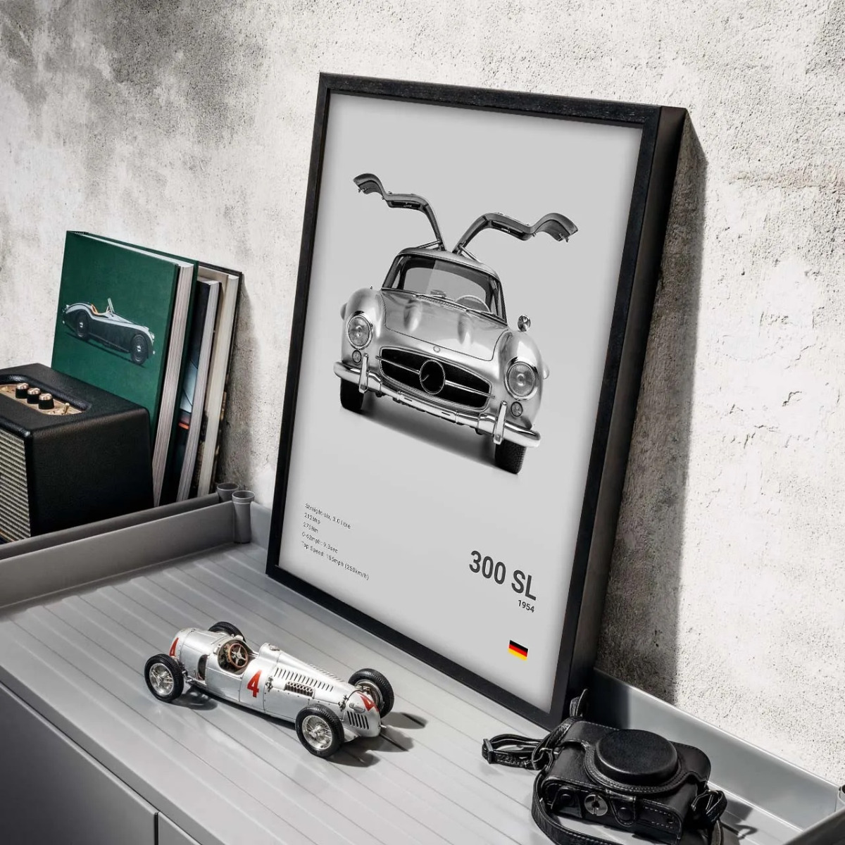 Plakat – Luxus-Sportwagen in Schwarz und Weiß / 300 SL 1954