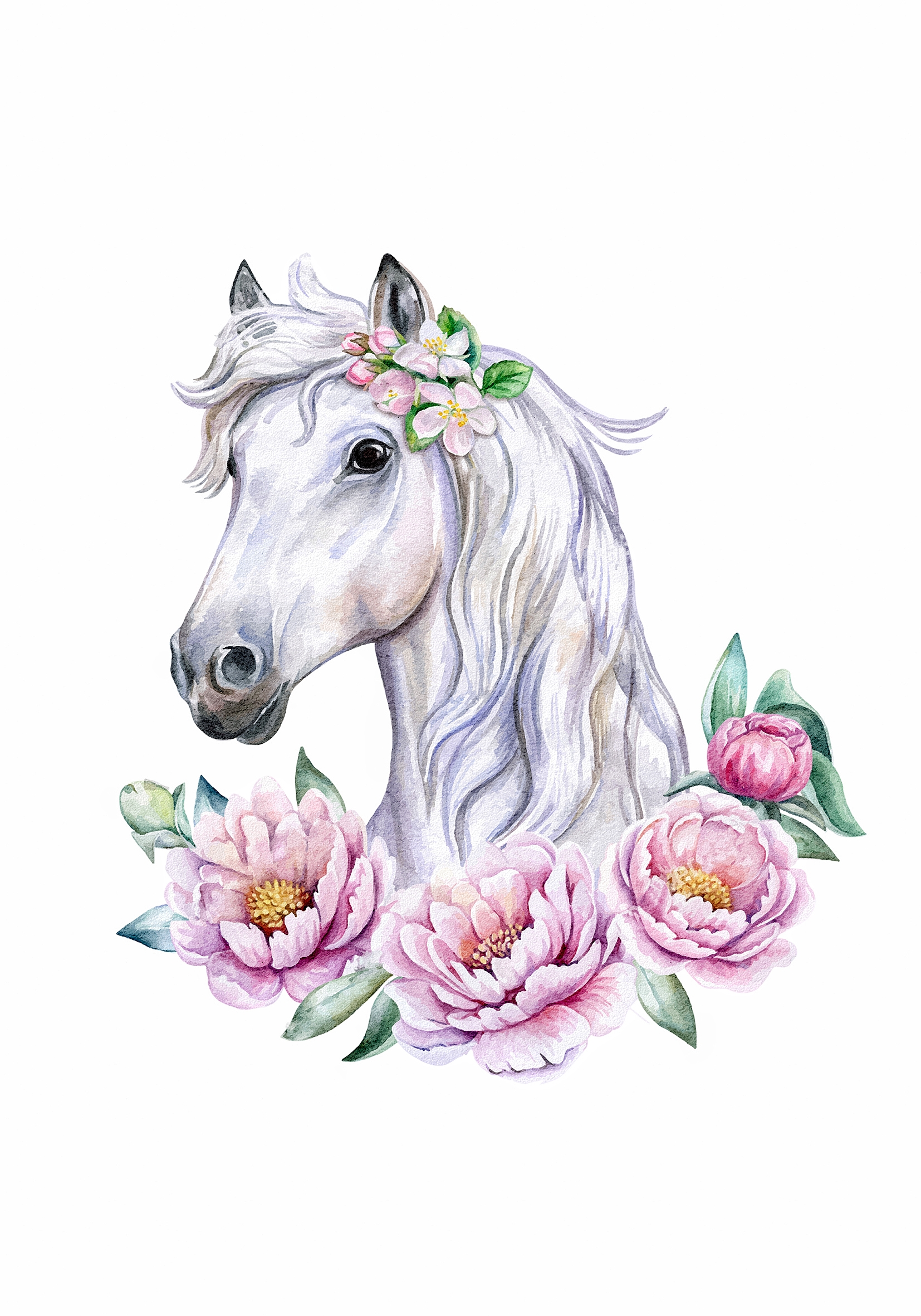 Plakat - Weiss Pferd mit Blumen