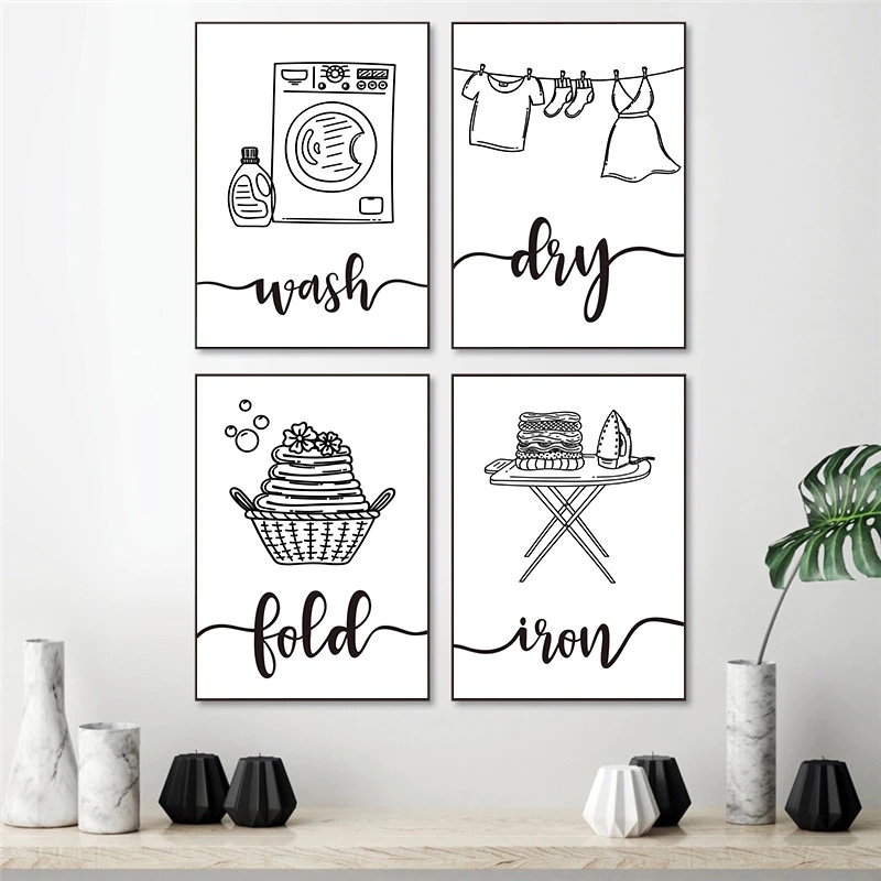 Poster - Wäsche / Wash, Dry, Fold, Iron / 4er-Set